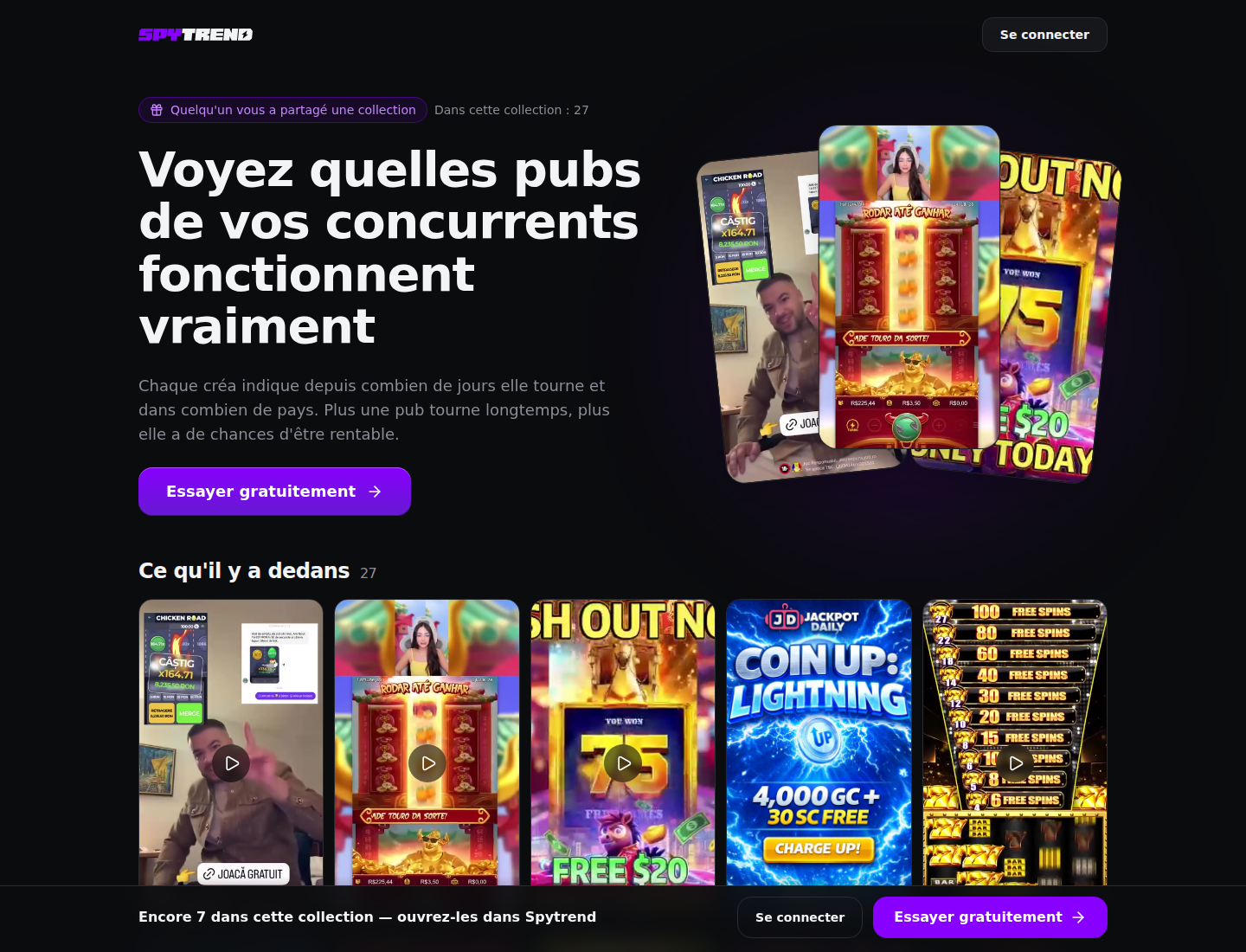 La page de la collection par lien : le titre « Voyez quelles pubs de vos concurrents fonctionnent vraiment », « Dans cette collection : 27 », une grille de créatives et la barre du bas « Encore 7 dans cette collection — ouvrez-les dans Spytrend »