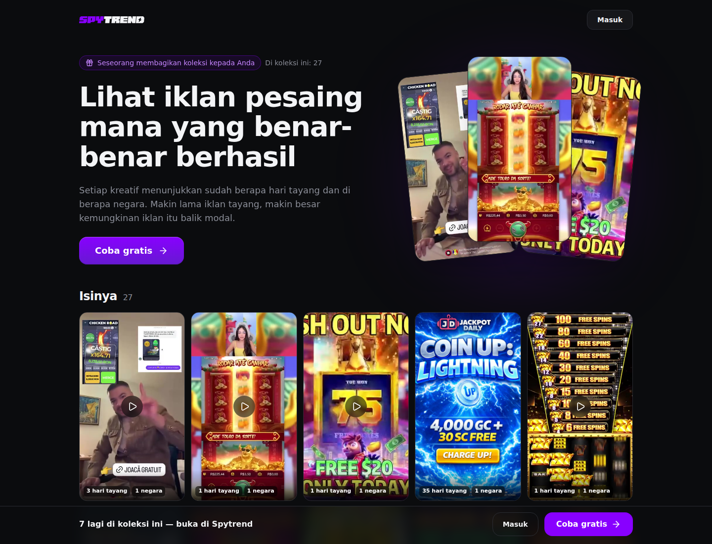 Halaman koleksi lewat tautan: judul "Lihat iklan kompetitor kamu yang benar-benar berhasil", "Dalam koleksi ini: 27", grid kreatif, dan bar bawah "7 lagi dalam koleksi ini — buka di Spytrend"