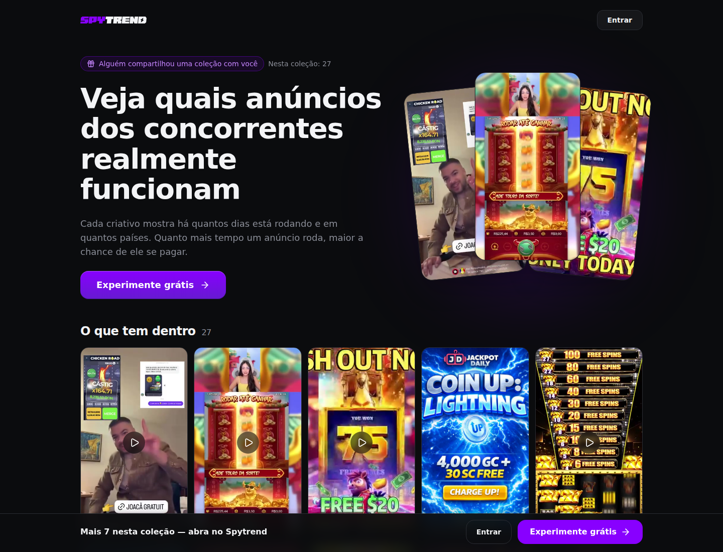 A página da coleção por link: o título "Veja quais anúncios dos concorrentes realmente funcionam", "Nesta coleção: 27", uma grade de criativos e a barra inferior "Mais 7 nesta coleção — abra no Spytrend"