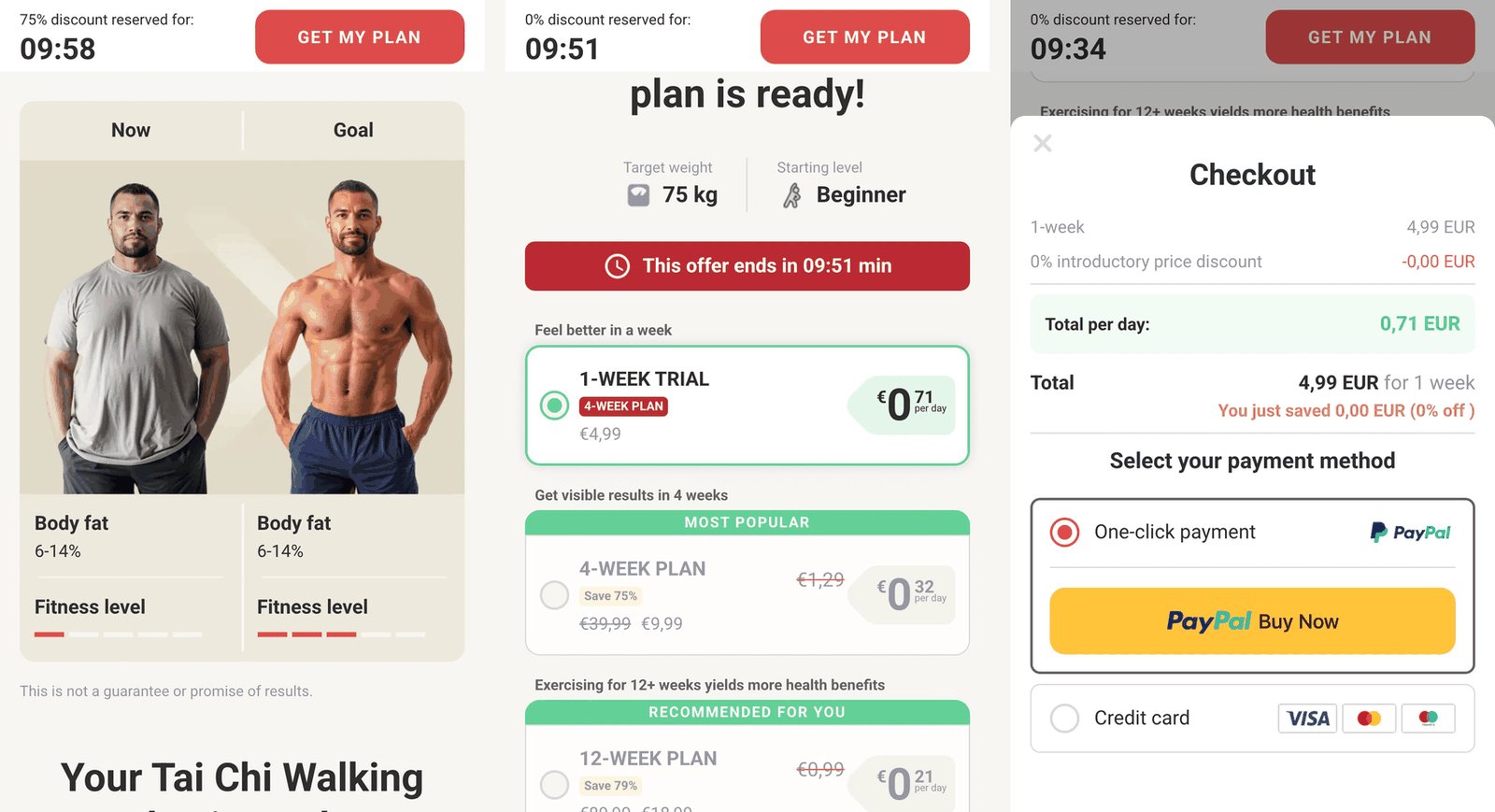 Пейвол WalkFit: таймер и «сейчас / цель», три тарифа (скидка только на 4 и 12 недель), чекаут после выбора триала