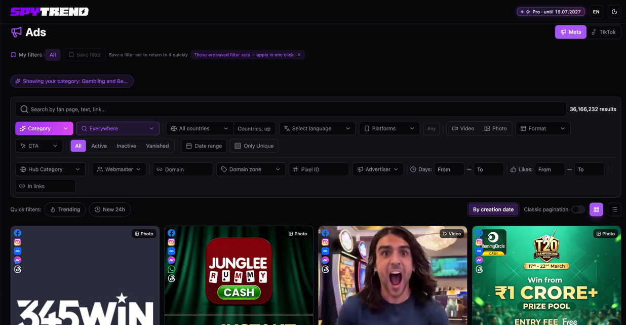 Sección Anuncios de Spytrend: selector de Meta y TikTok, panel de filtros y listado de anuncios