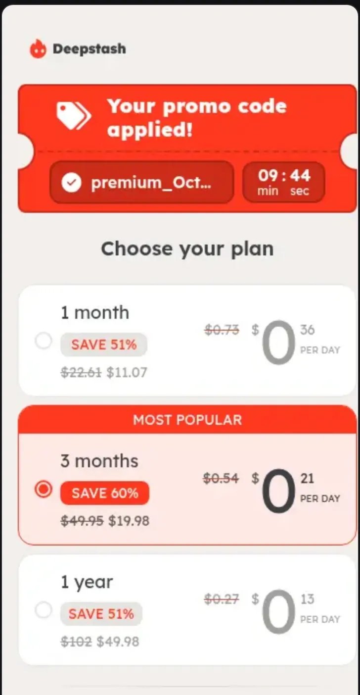 Enlarged Deepstash paywall: promo code, 09:44 timer and three plans, with the 3-month option selected at $19.98