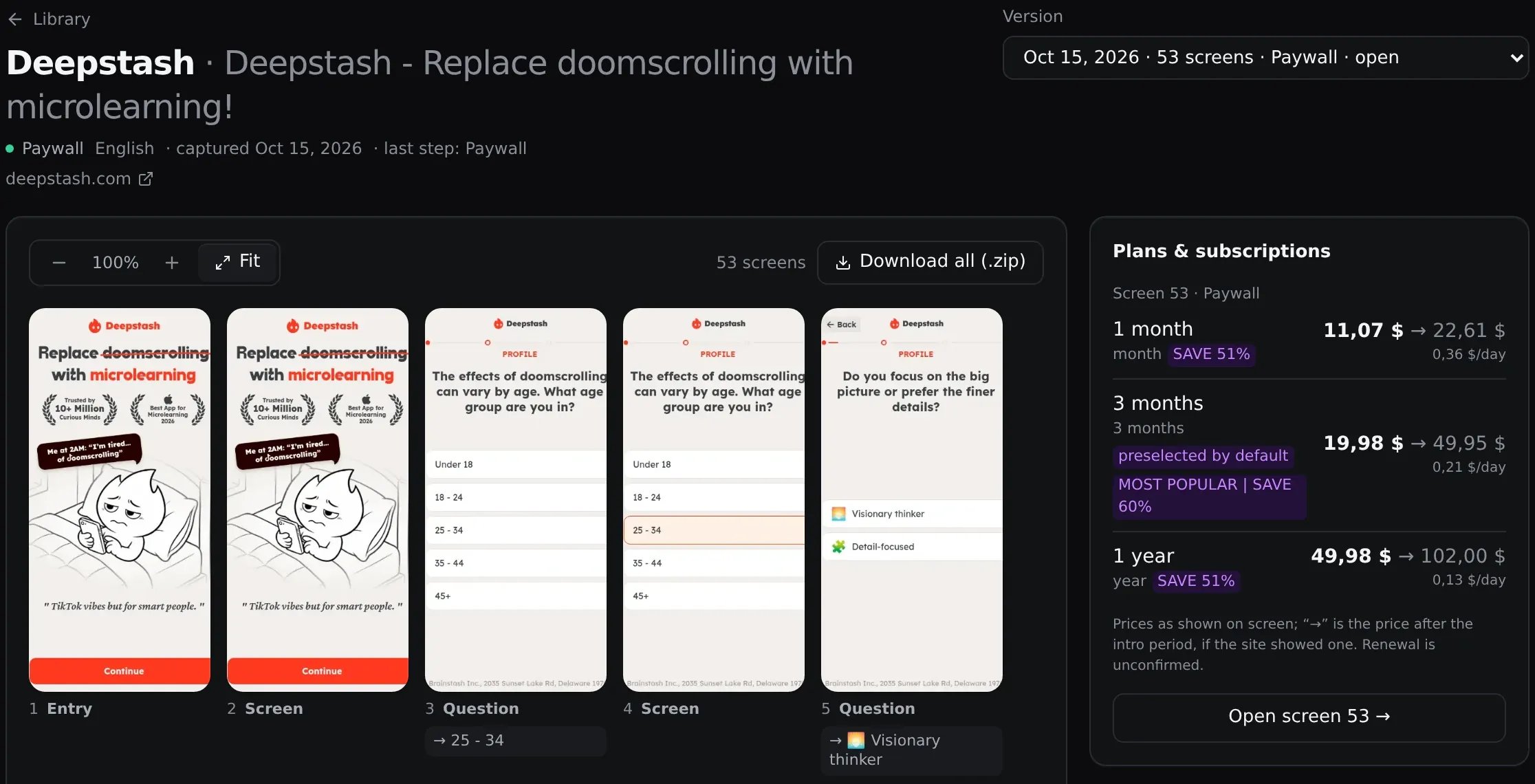 Deepstash version from October 15: 53 screens in sequence, step types, selected answers and subscription plans on the right