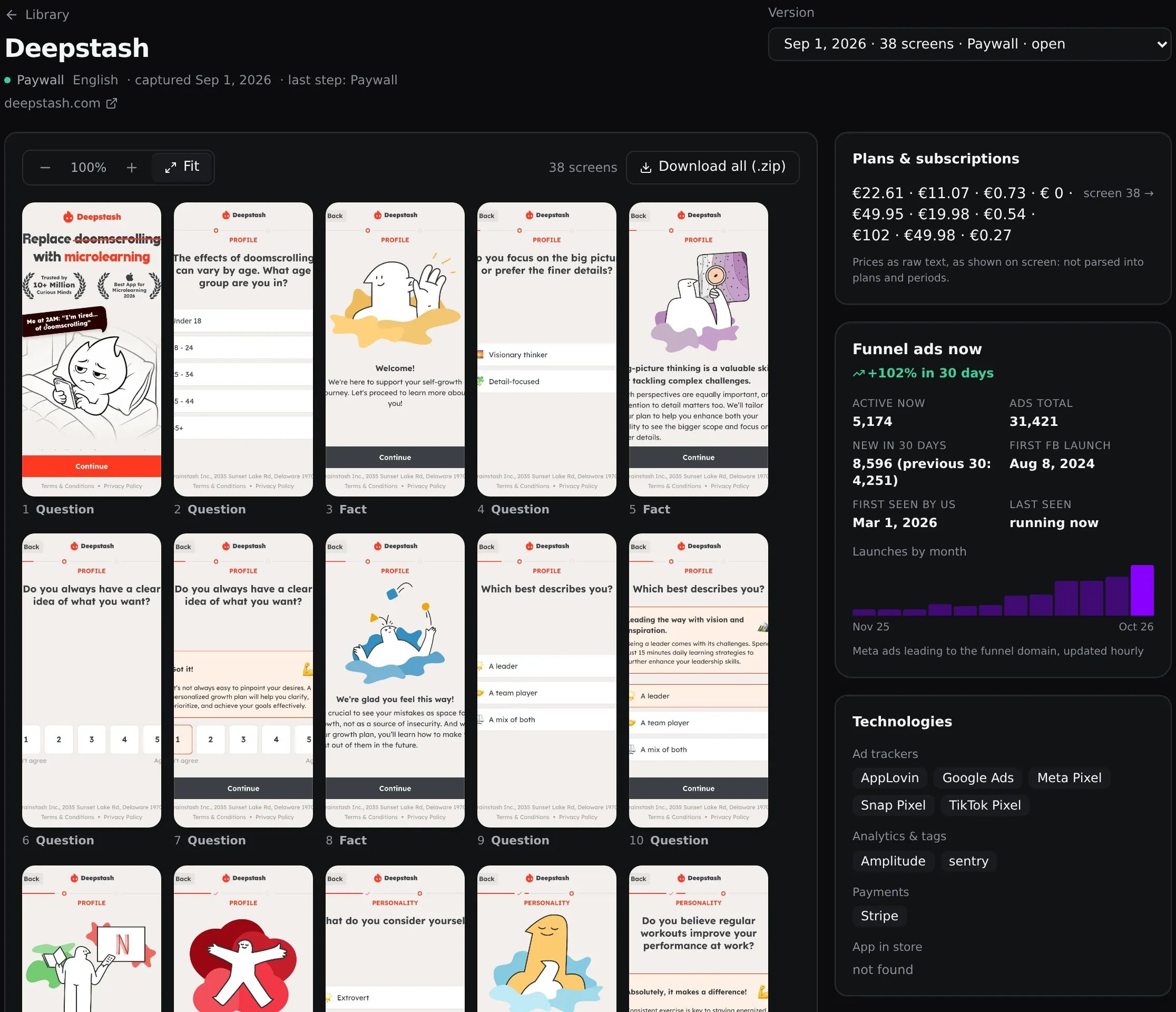 Deepstash version from September 1: 38 screens, prices in euros, a tracker list and Stripe