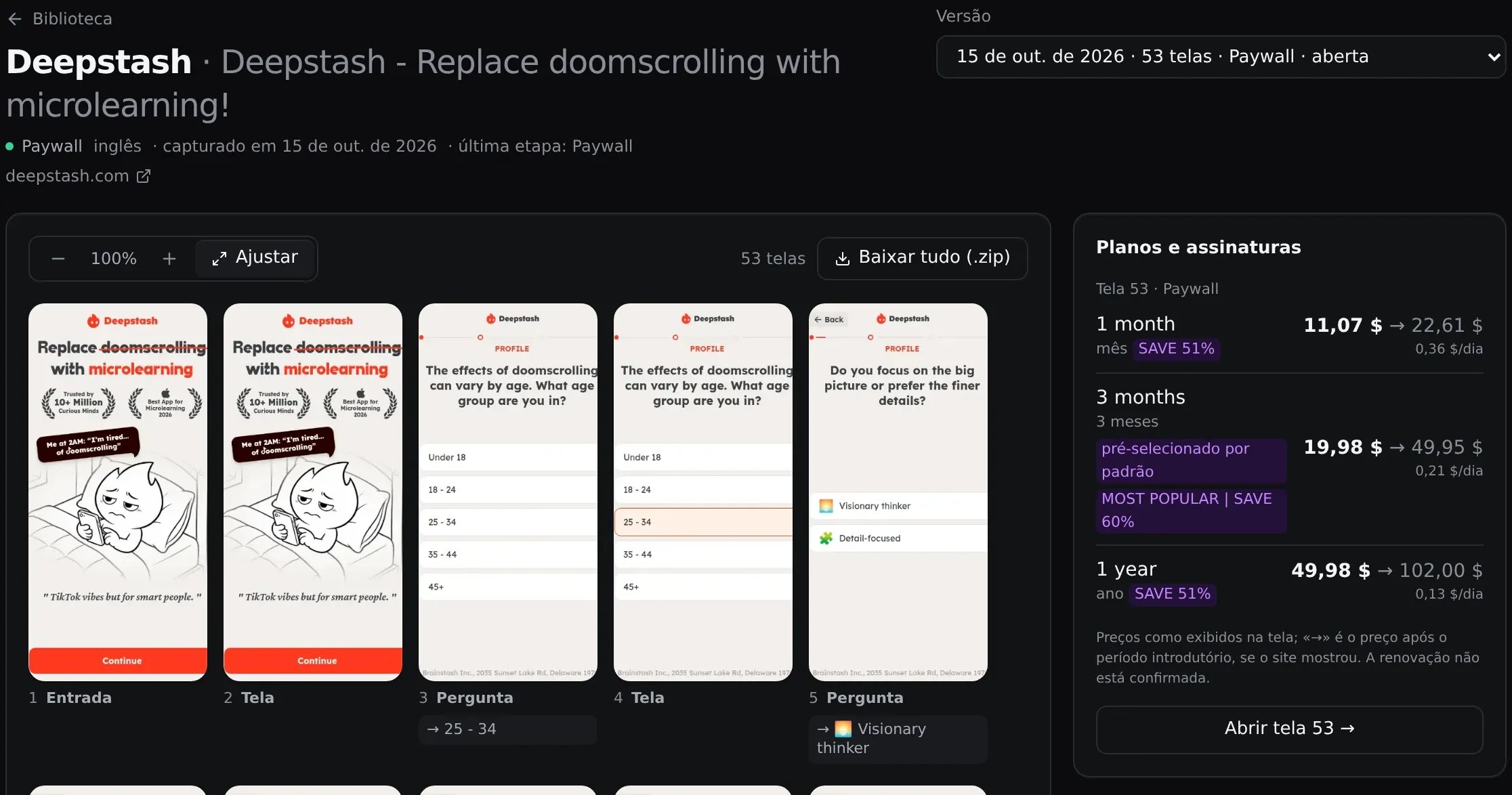 Versão da Deepstash de 15 de outubro: 53 telas em sequência, tipos de etapa, respostas selecionadas e planos à direita