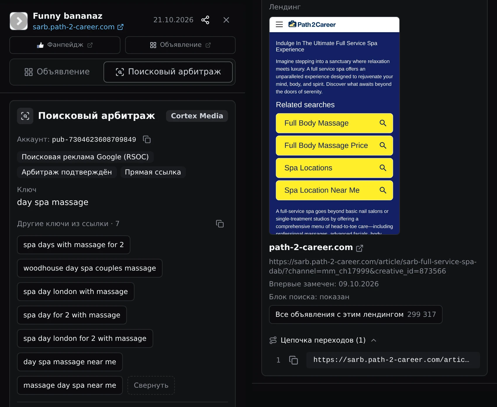 Pestaña «Arbitraje de búsqueda» del anuncio de Funny bananaz: Cortex Media, anuncios de búsqueda de Google (RSOC), arbitraje confirmado, enlace directo y 8 palabras clave sobre spa y masajes. La captura de path-2-career.com muestra un artículo con «Related searches». Hay 299.317 anuncios vinculados a la landing y 1 paso en el recorrido.