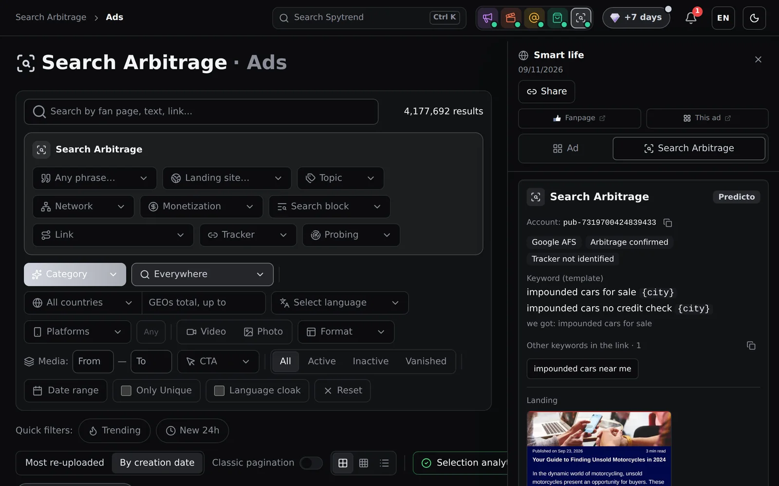 Search Arbitrage 面板，展示广告的网络、账号、关键词模板和落地页
