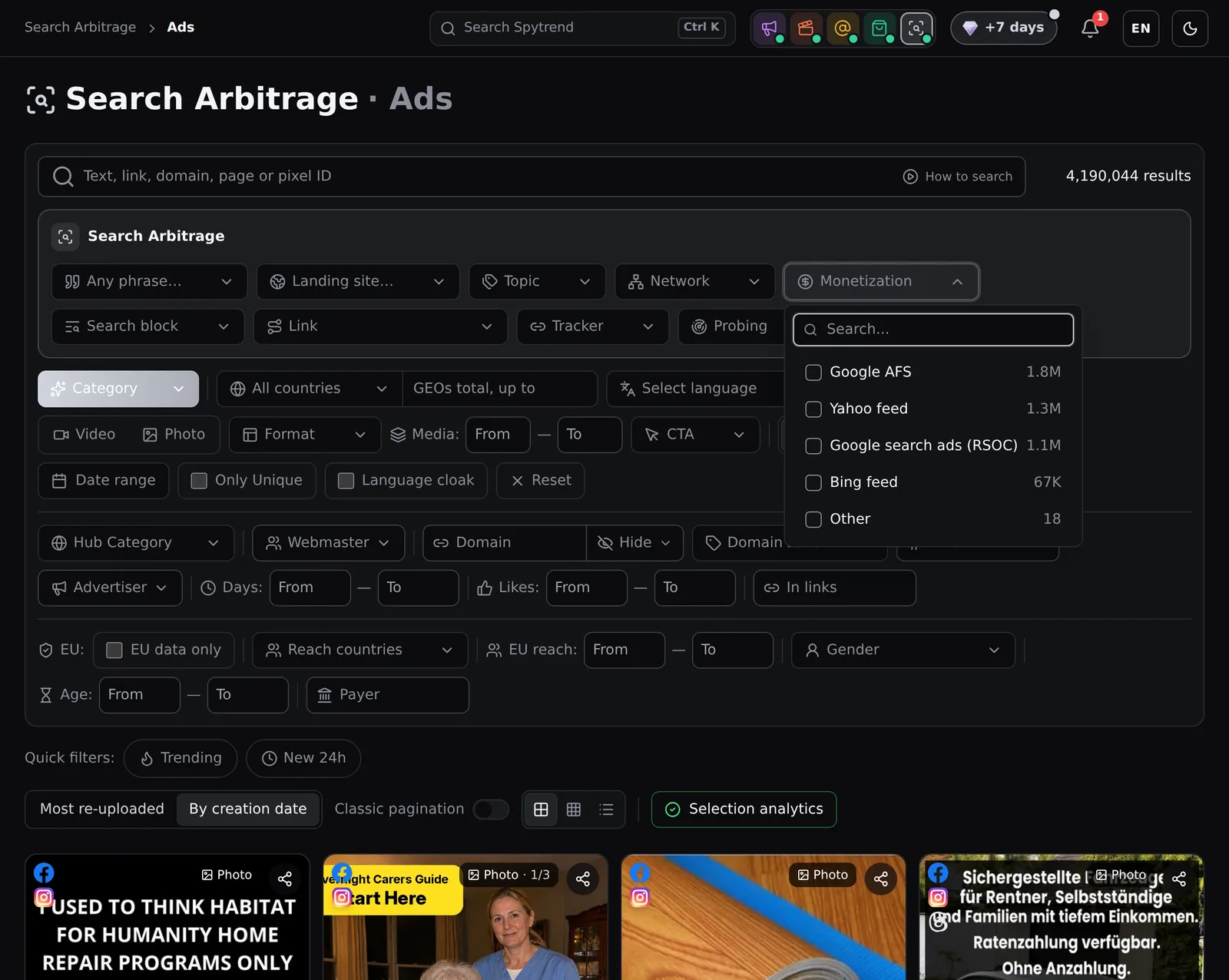 Search Arbitrage 筛选器，每个选项旁均显示准确的广告数量